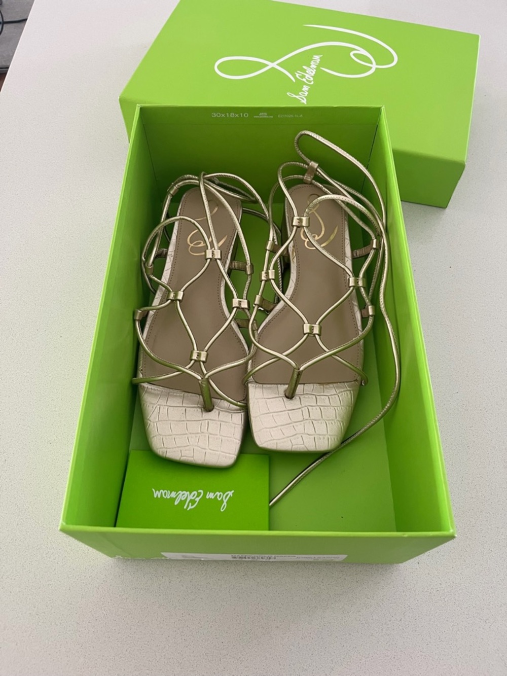 Sam Edelman Gold Metallic Strappy Flat Sandals with Cream Croc-Embossed Footbed